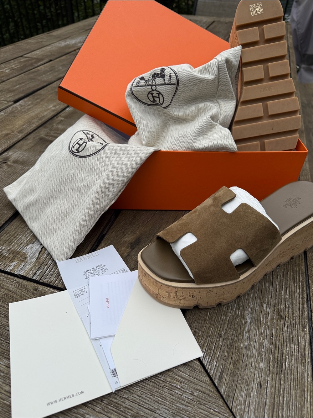 Hermès Women’s terre ambree goatskin Suede Platform Sandals